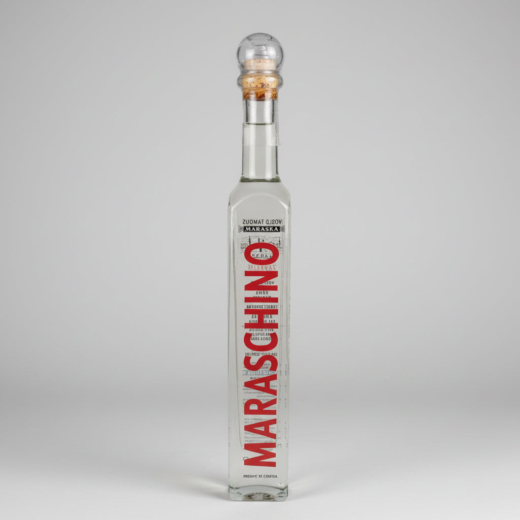 Miniature 0.10 L bottle of original Maraska Maraschino liqueur with vertical red lettering and a classic cork stopper
