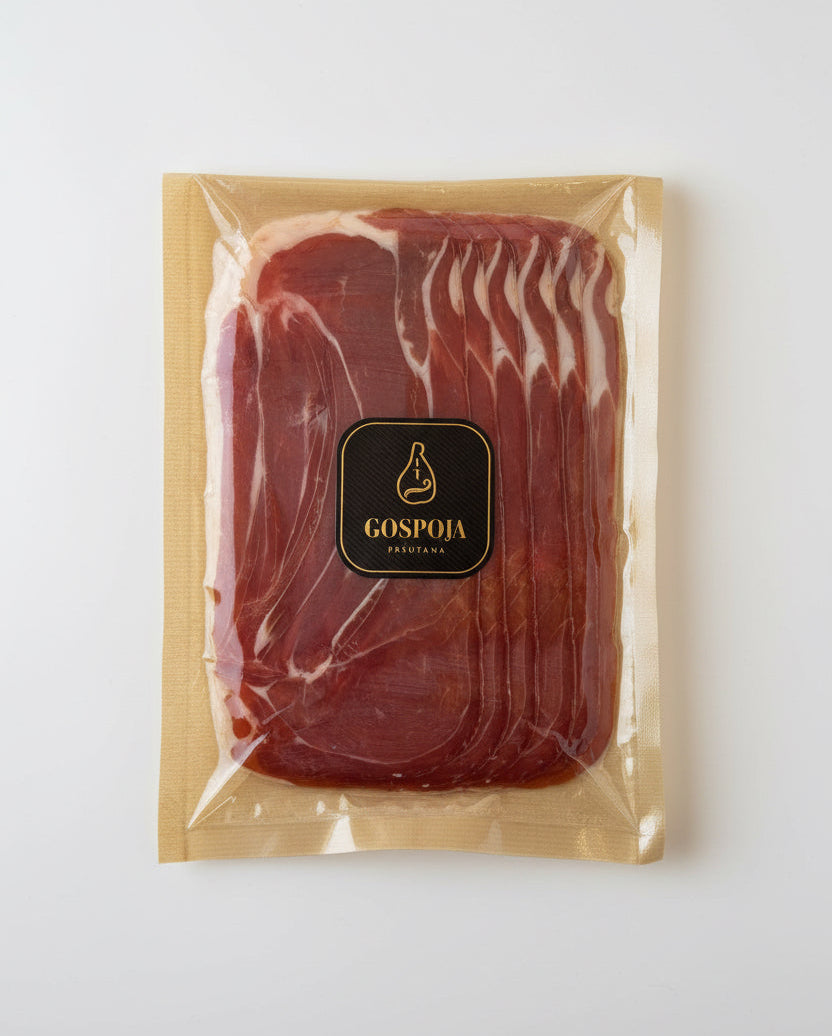 Packaged meat with Gospoja branding on a white background
