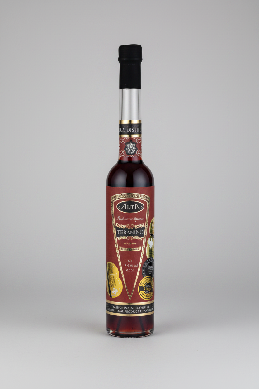 A miniature 0.1 L bottle of Aura Teranino, an award-winning Istrian red wine liqueur crafted from Teran grapes