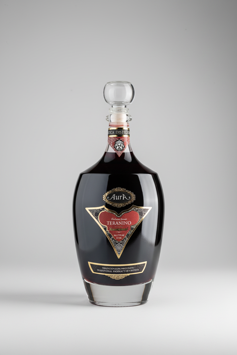 A 0.7 L bottle of Aura Teranino, an award-winning Istrian red wine liqueur crafted from Teran grapes