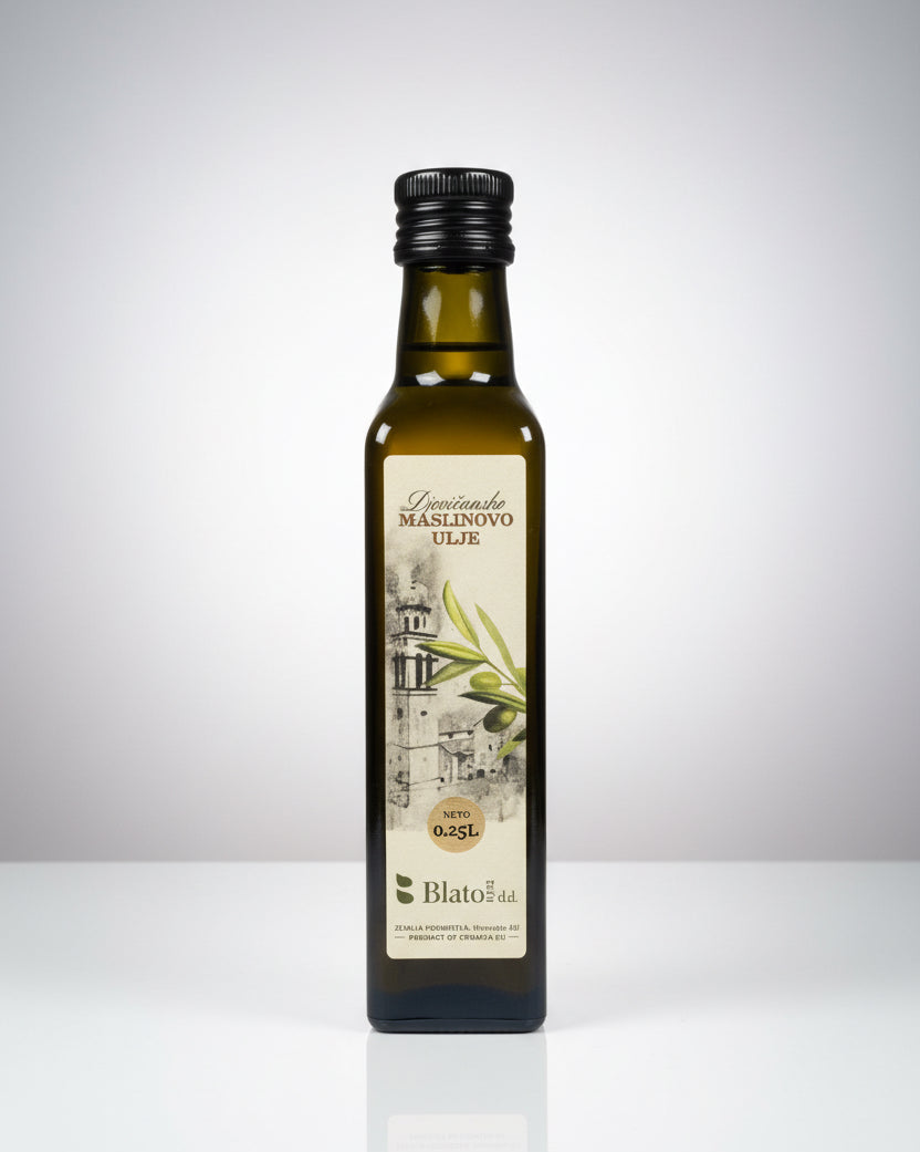 Bottle of olive oil with a label on an orange surface