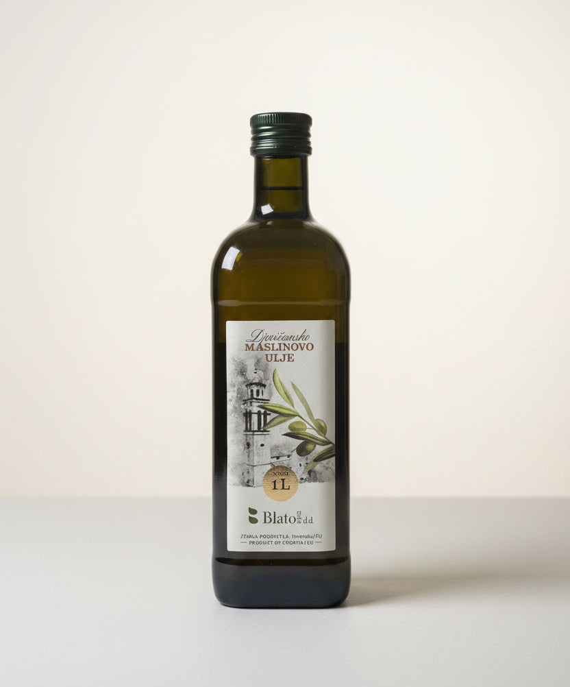 Bottle of olive oil with a label on a white background