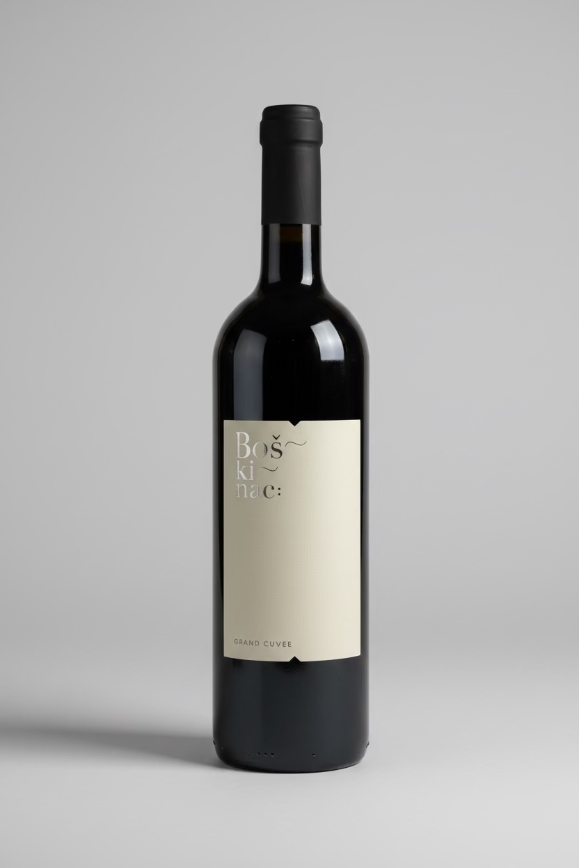 A bottle of Boškinac Grande Cuvée White, a premium mineral-rich white wine blend from Pag Island, 0.75 L
