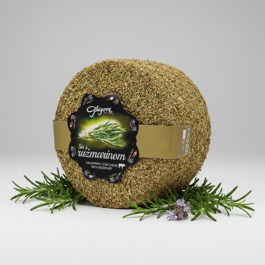 Round cheese wheel with a label on a white background