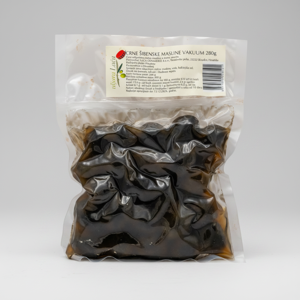 Packaged black olives with a label on a white background
