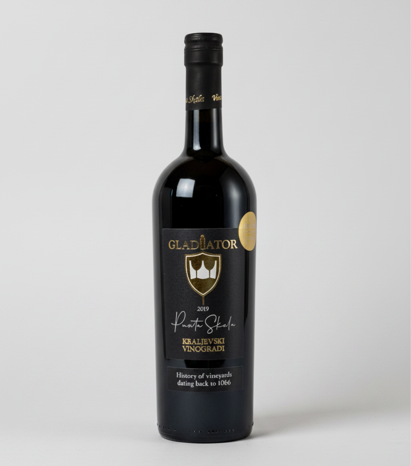 Wine bottle with 'Gladiator' label on a white background