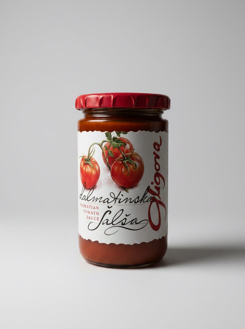 Jar of Dalmatian tomato sauce with a red lid on a white background