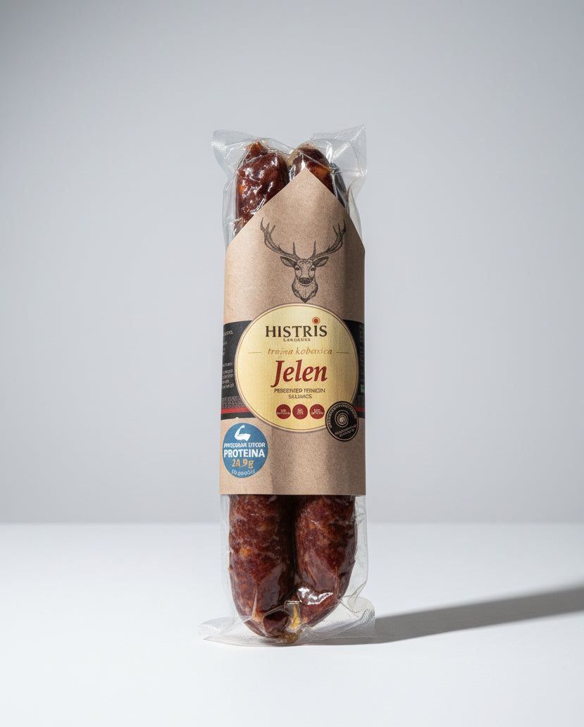 Packaged meat product on a gray surface with visible brand label.