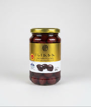 Jar of Iliada Kalamata Olives on a white background