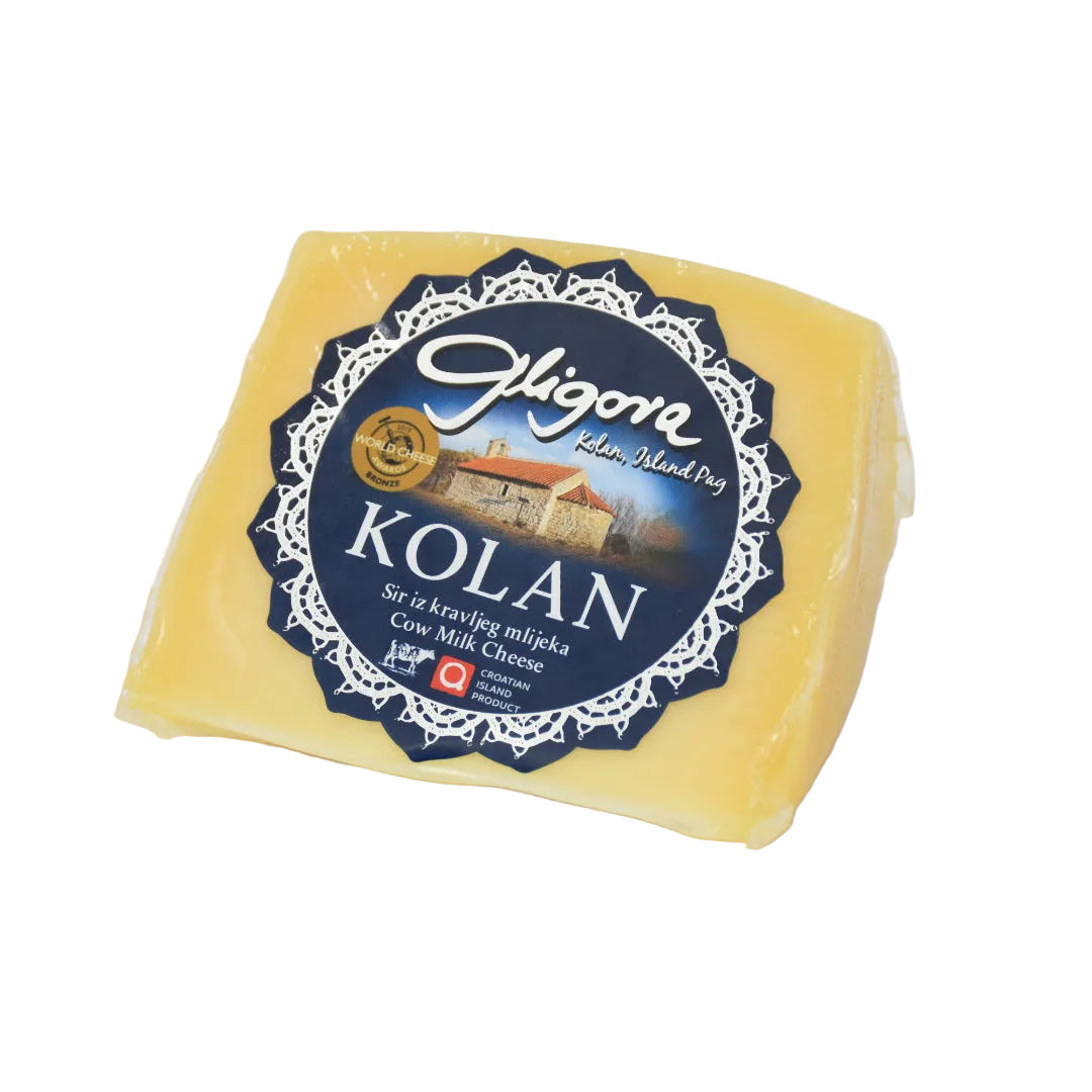 Block of cheese with a blue label on a white background