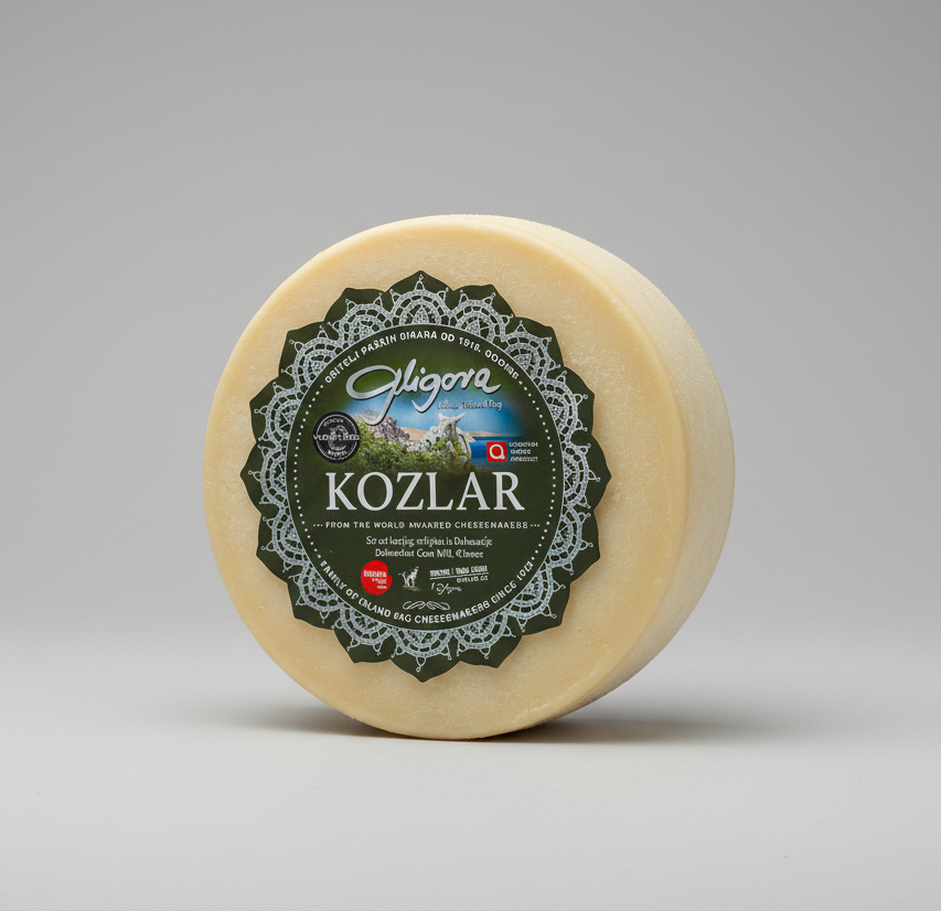 Round cheese wheel with a green label on a gray background