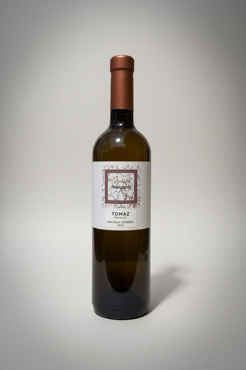 Wine bottle with a label on a gray background