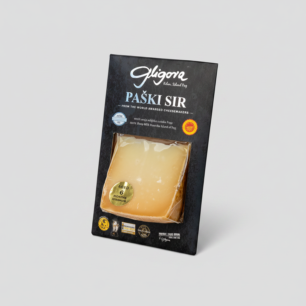 Packaged cheese with a black label on a white background