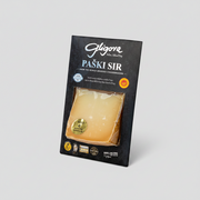 Packaged cheese with a black label on a white background