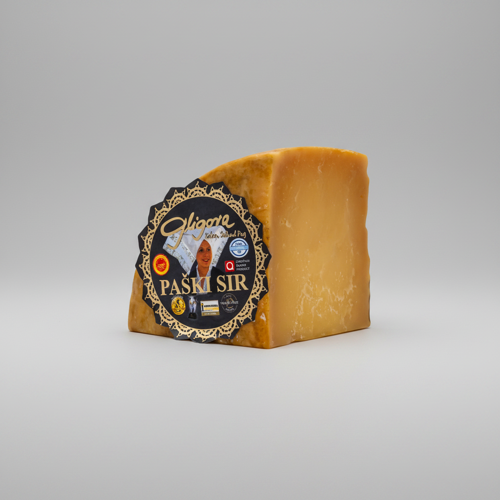 Block of cheese with a label on a white background