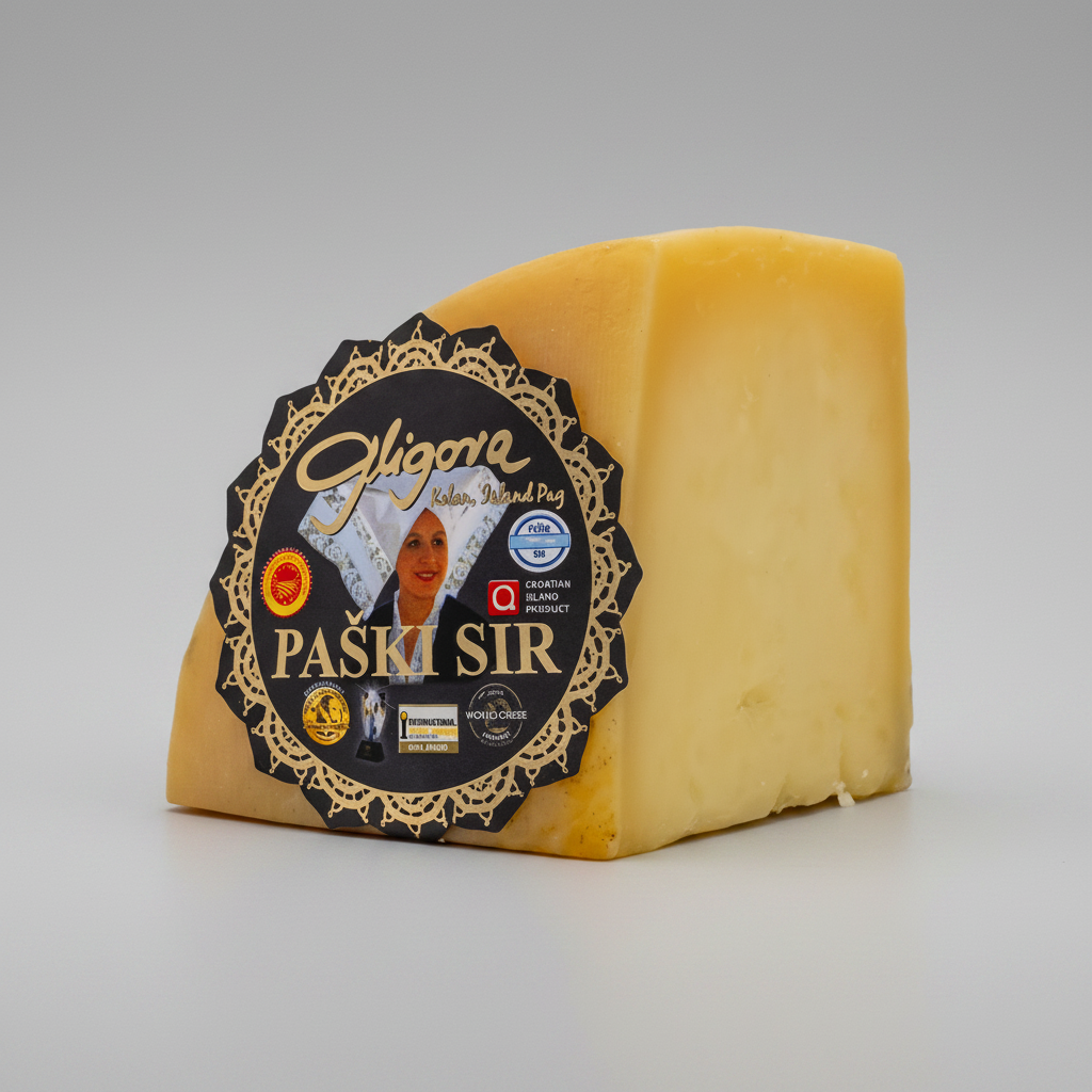 Block of cheese with a Gligora label on a white background