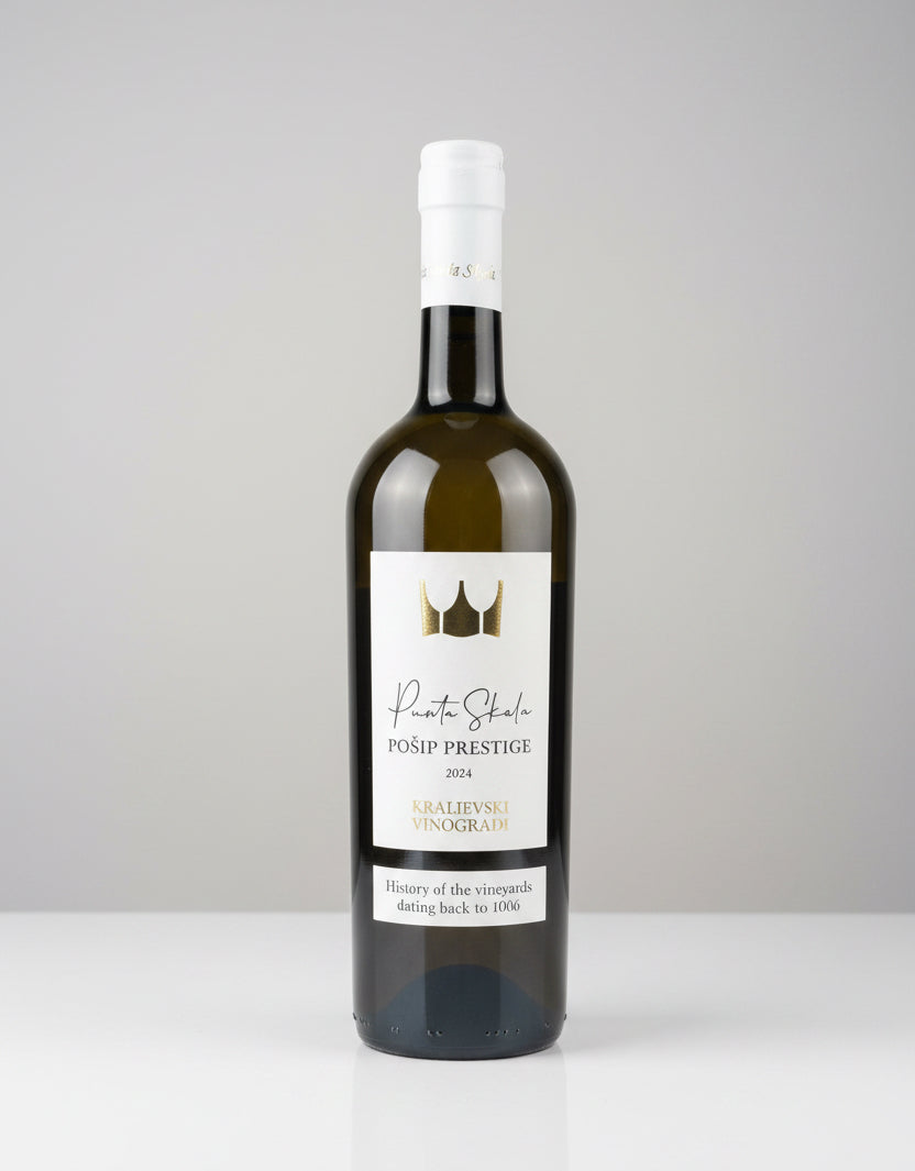 Wine bottle with a white label on a gray background