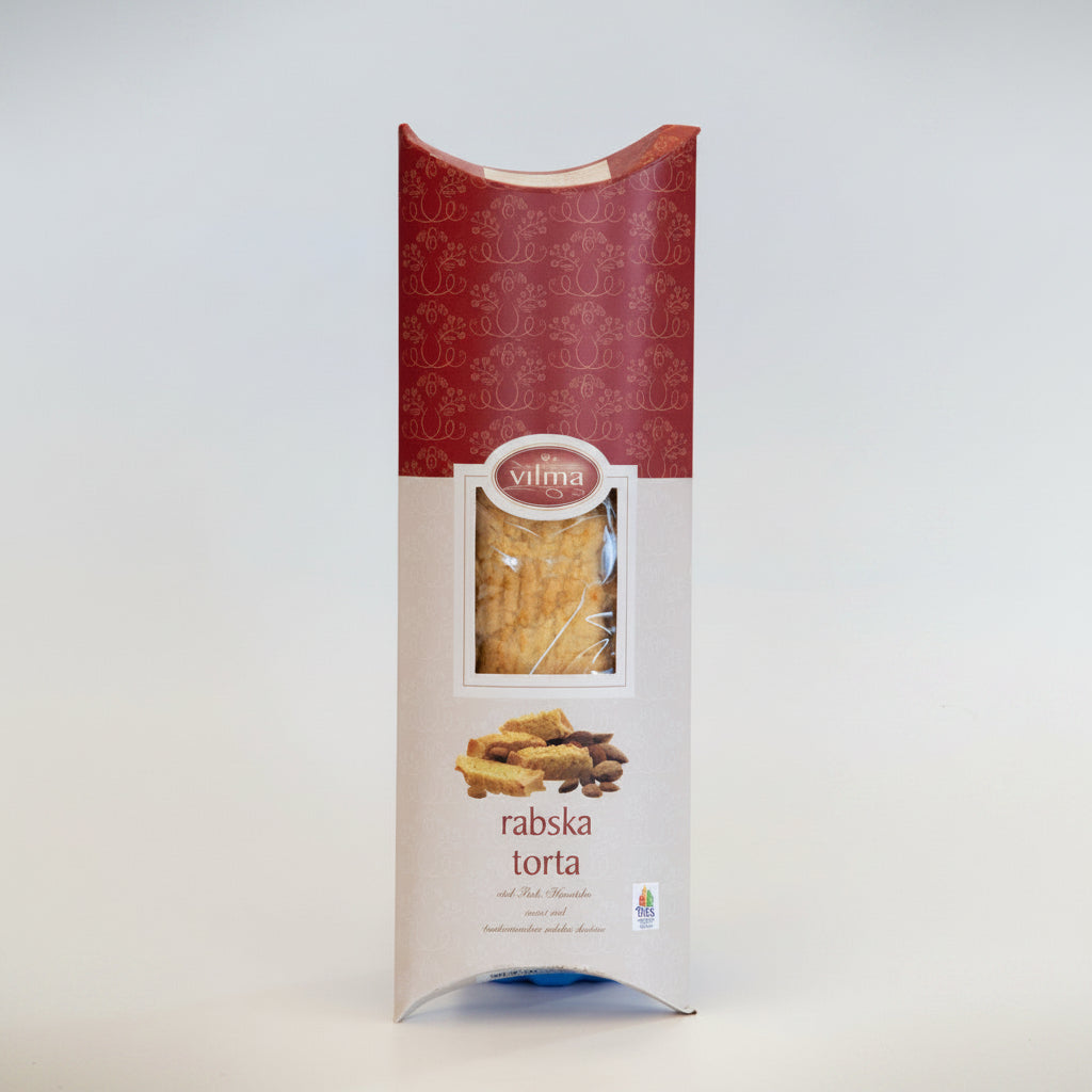 Packaged food product with a red and white label on a light gray background