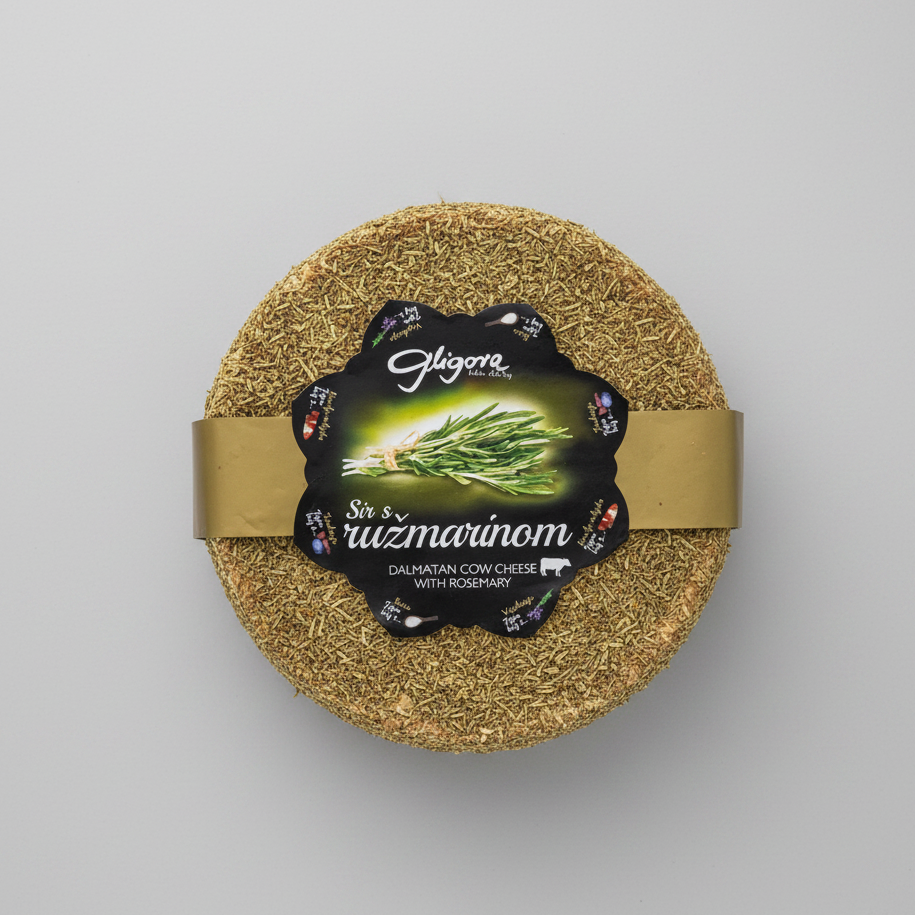 Round cheese wheel with rosemary garnish and a black label on a white background
