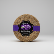 A premium wheel of hard cow's milk cheese, beautifully coated on the outside with aromatic fresh lavander leaves.