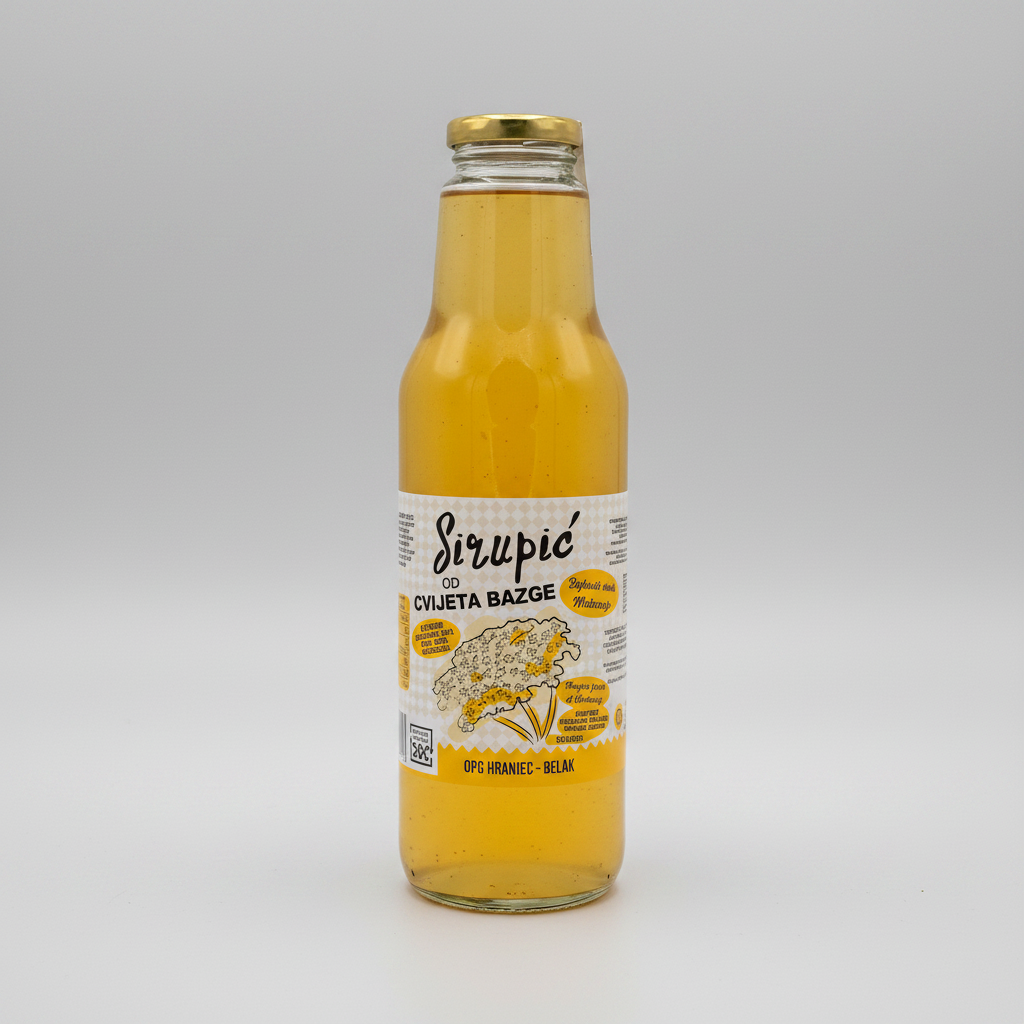 Glass bottle of orange juice with a label on a white background