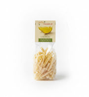 Packaged pasta with a label on a white background