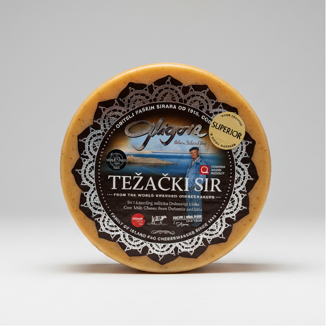 Round cheese with a black label on a white background