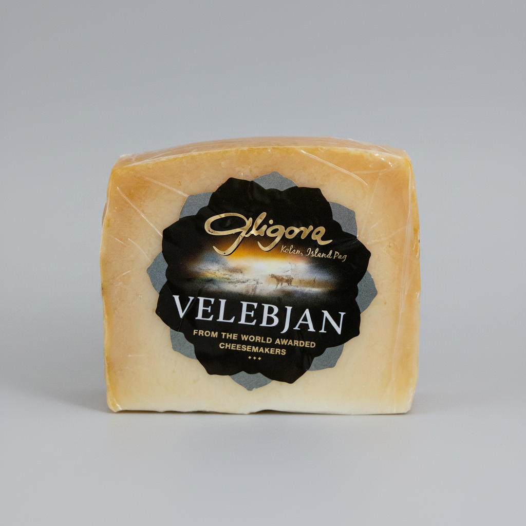 Block of cheese with a 'Velebjan' label on a white background