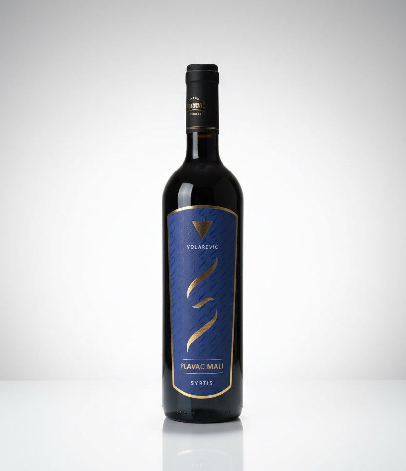 Red wine bottle with a blue label on a white background