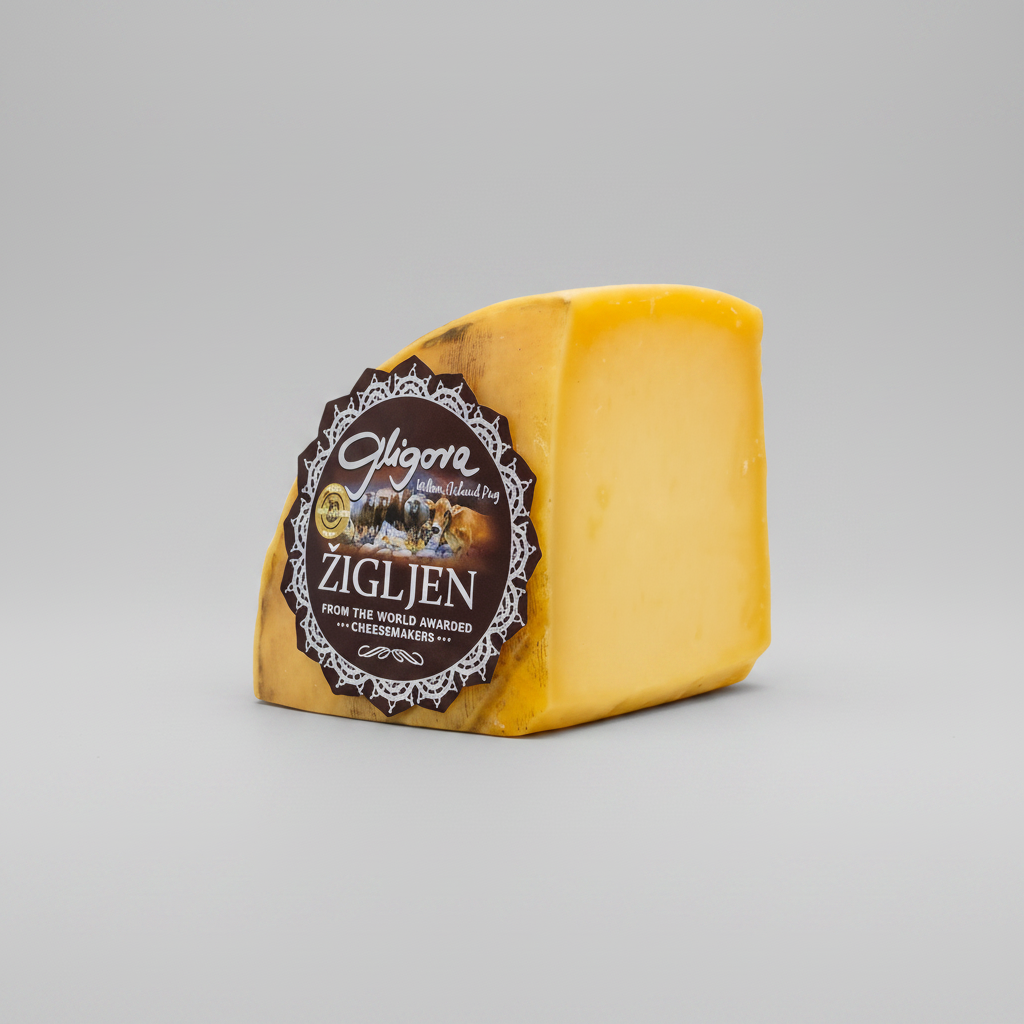 Block of cheese with a 'Zigljen' label on a white background