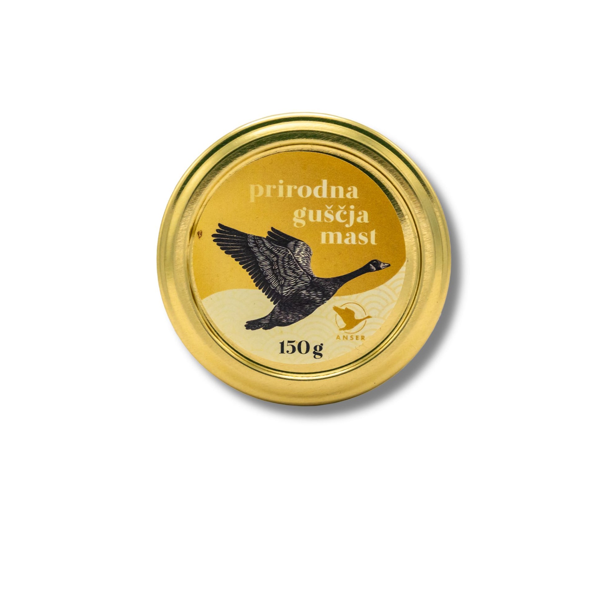 Gold lid of a jar with a goose illustration and text on a white background