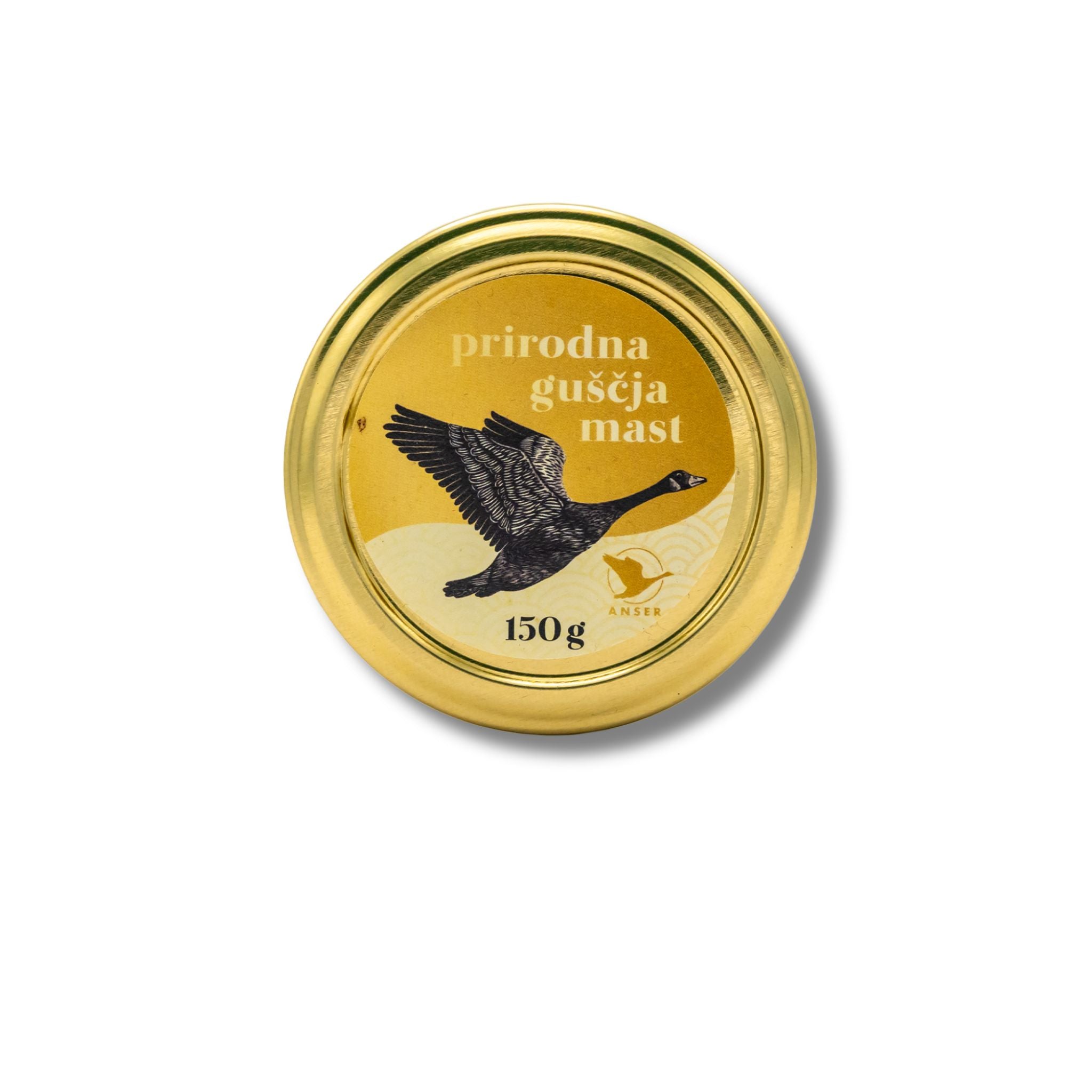 Gold lid of a jar with a goose illustration and text on a white background