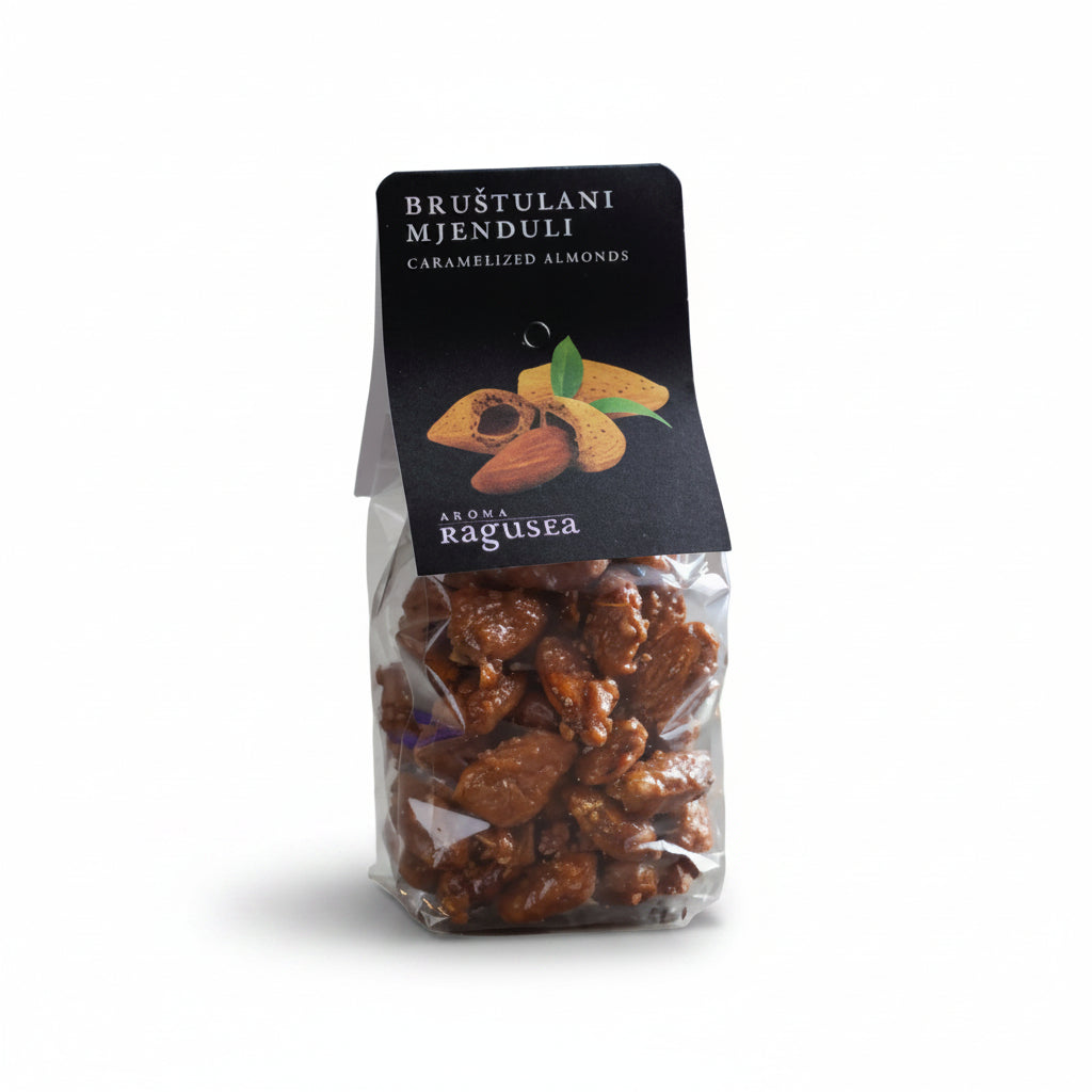 Packaged caramelized almonds with a black label on a white background