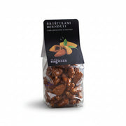 Packaged caramelized almonds with a black label on a white background