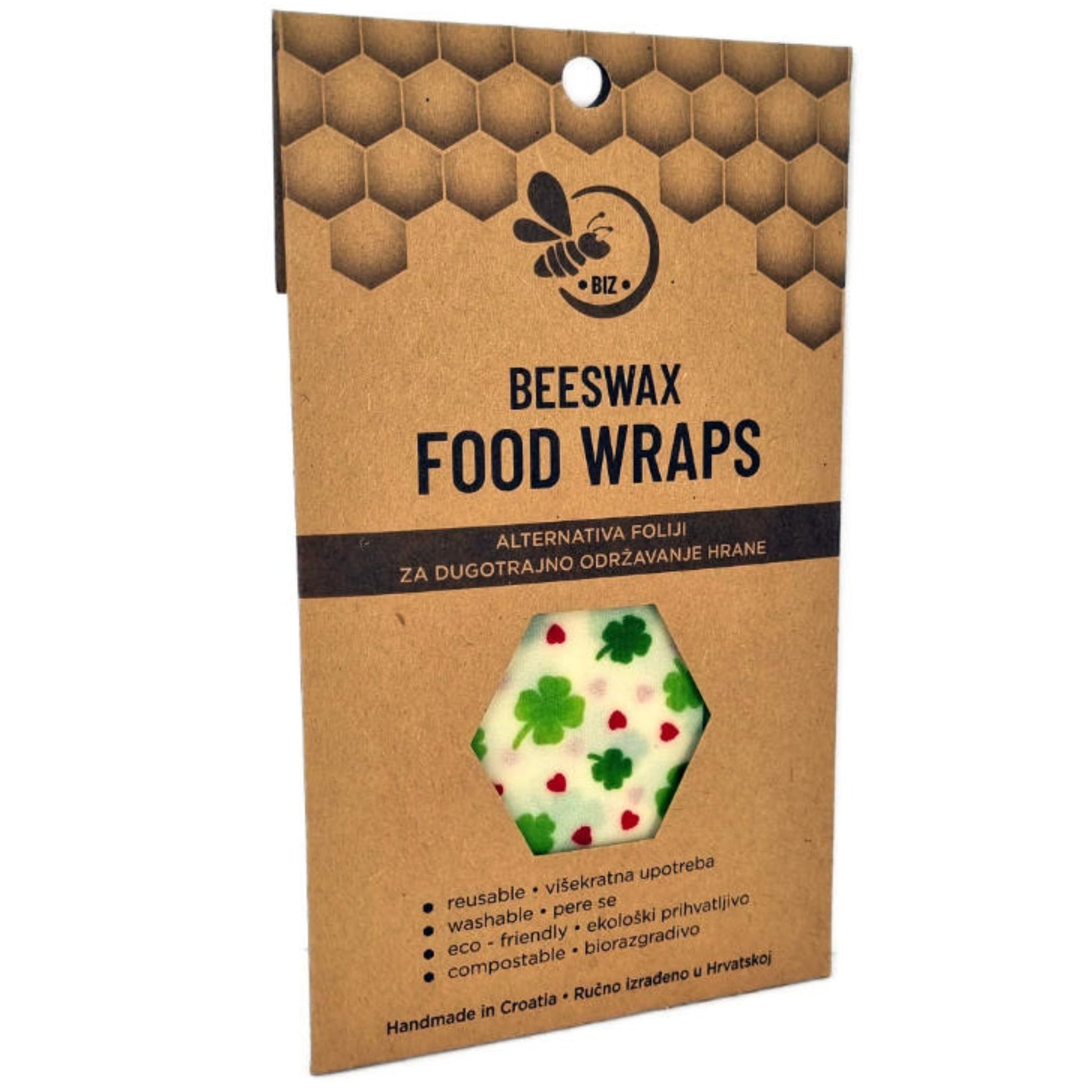 Beeswax food wraps packaging with a hexagonal design on a white background