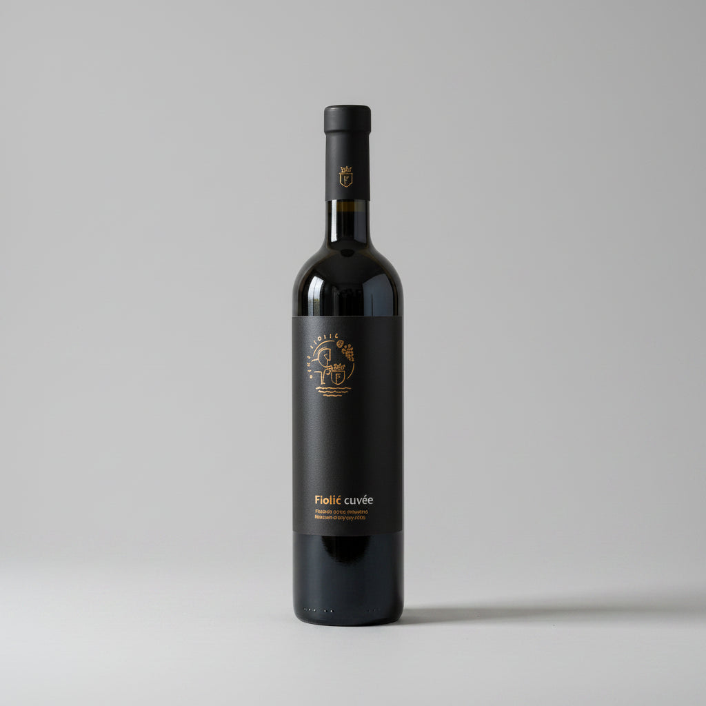 Black wine bottle with gold label on a white background