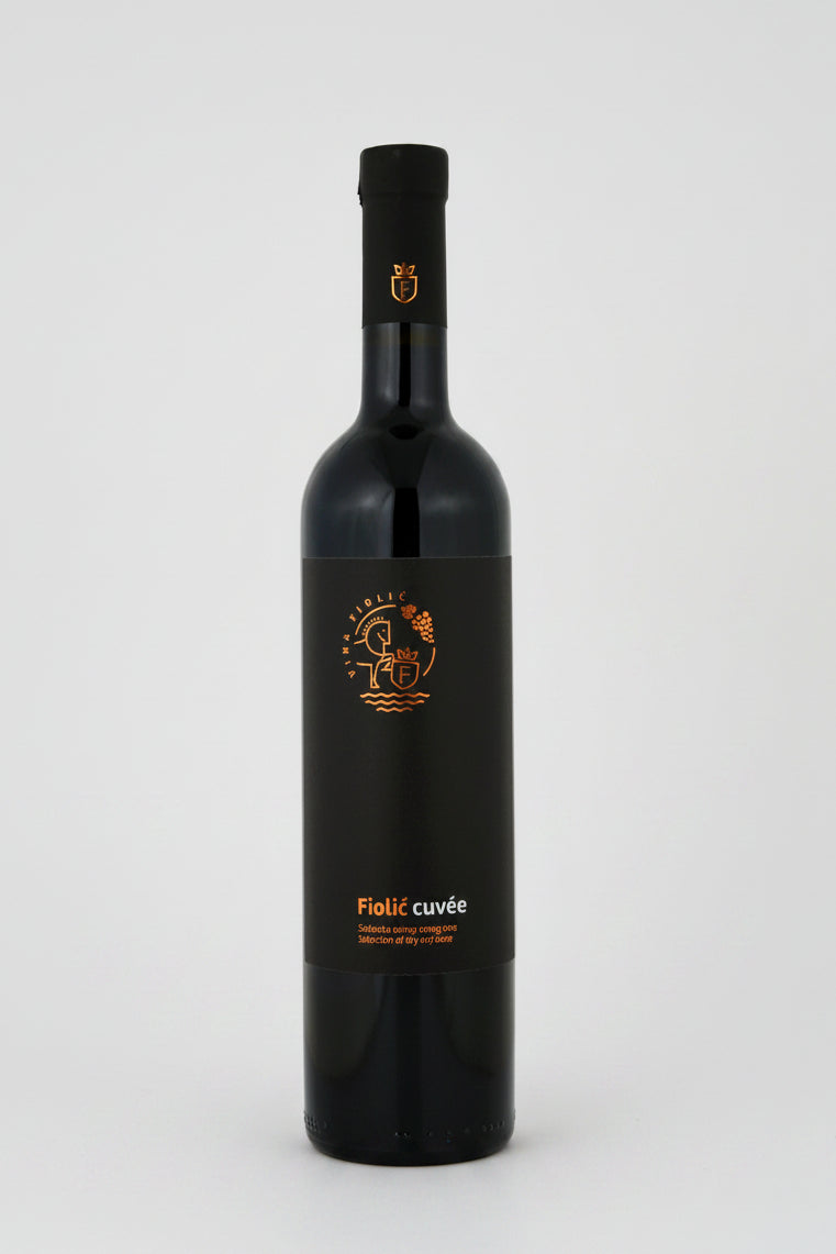 Black wine bottle with a visible label on a white background