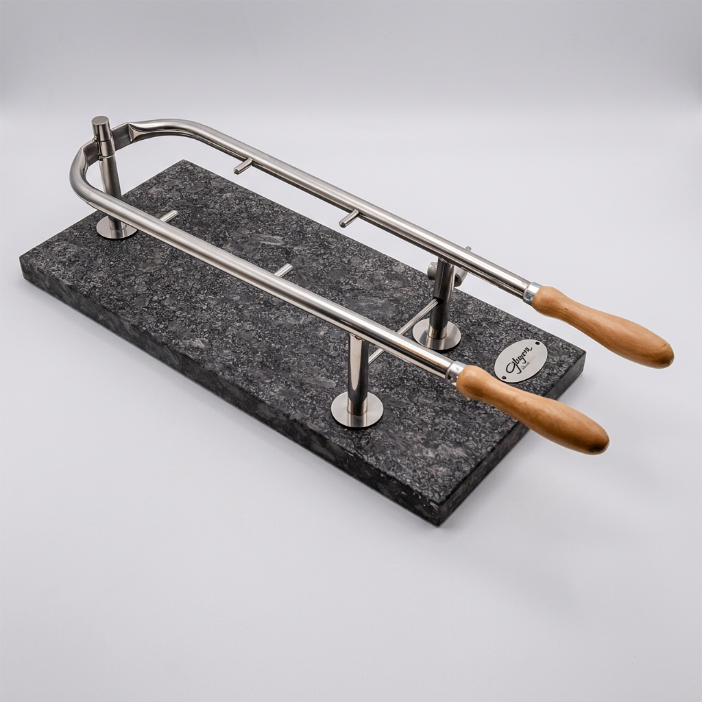 Cheesecutter with wooden handles on a dark stone base against a black background