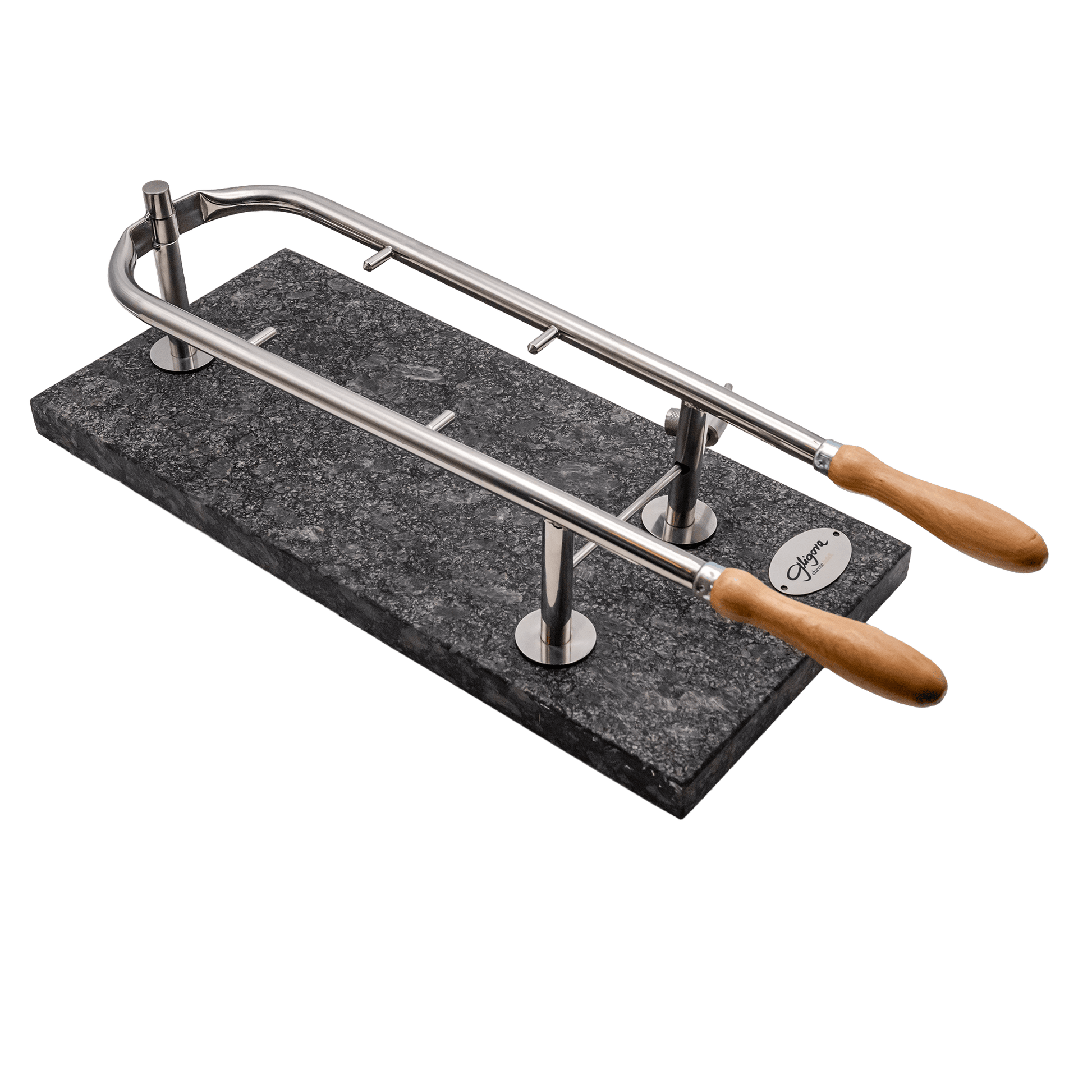 Cheesecutter with wooden handles on a dark stone base against a black background