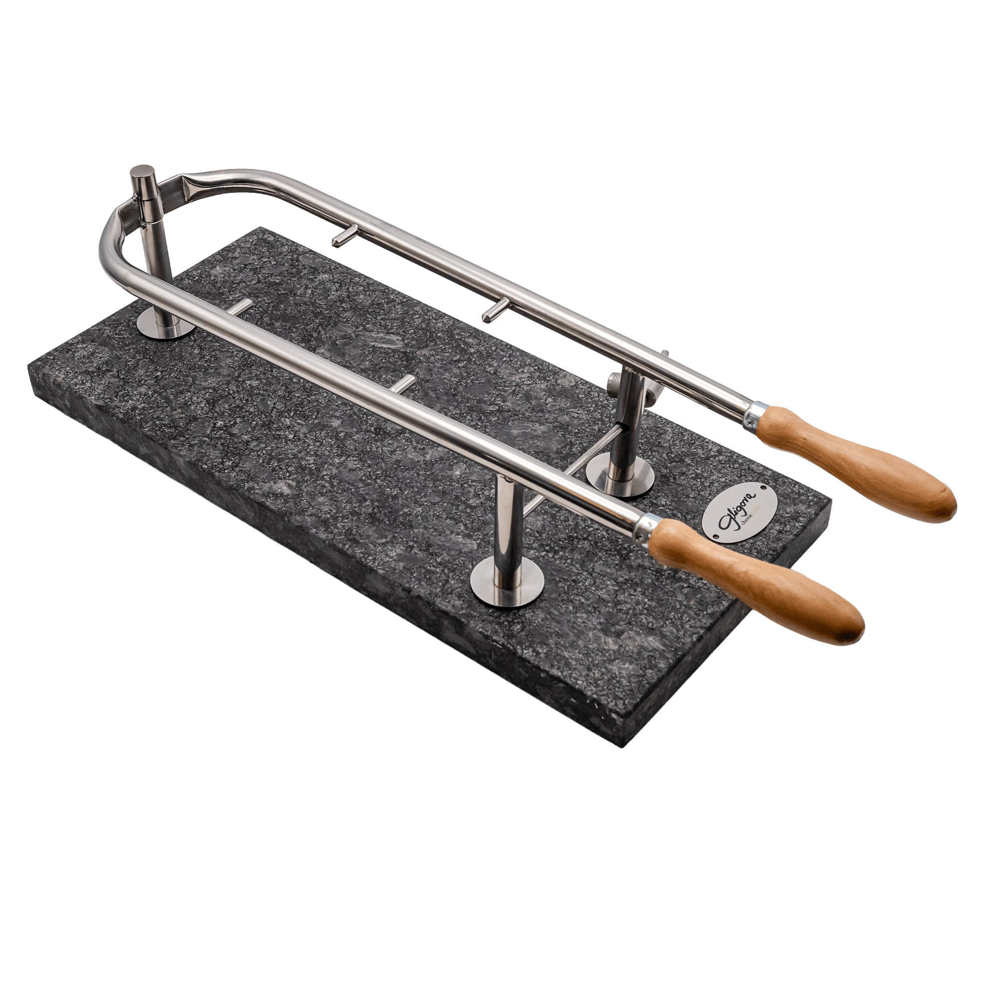 Cheesecutter with wooden handles on a dark stone base against a black background