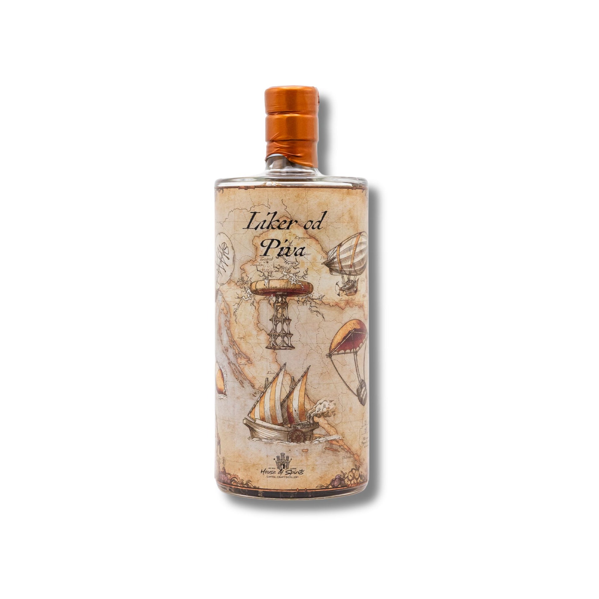 Bottle with decorative label featuring ship illustrations on a white background