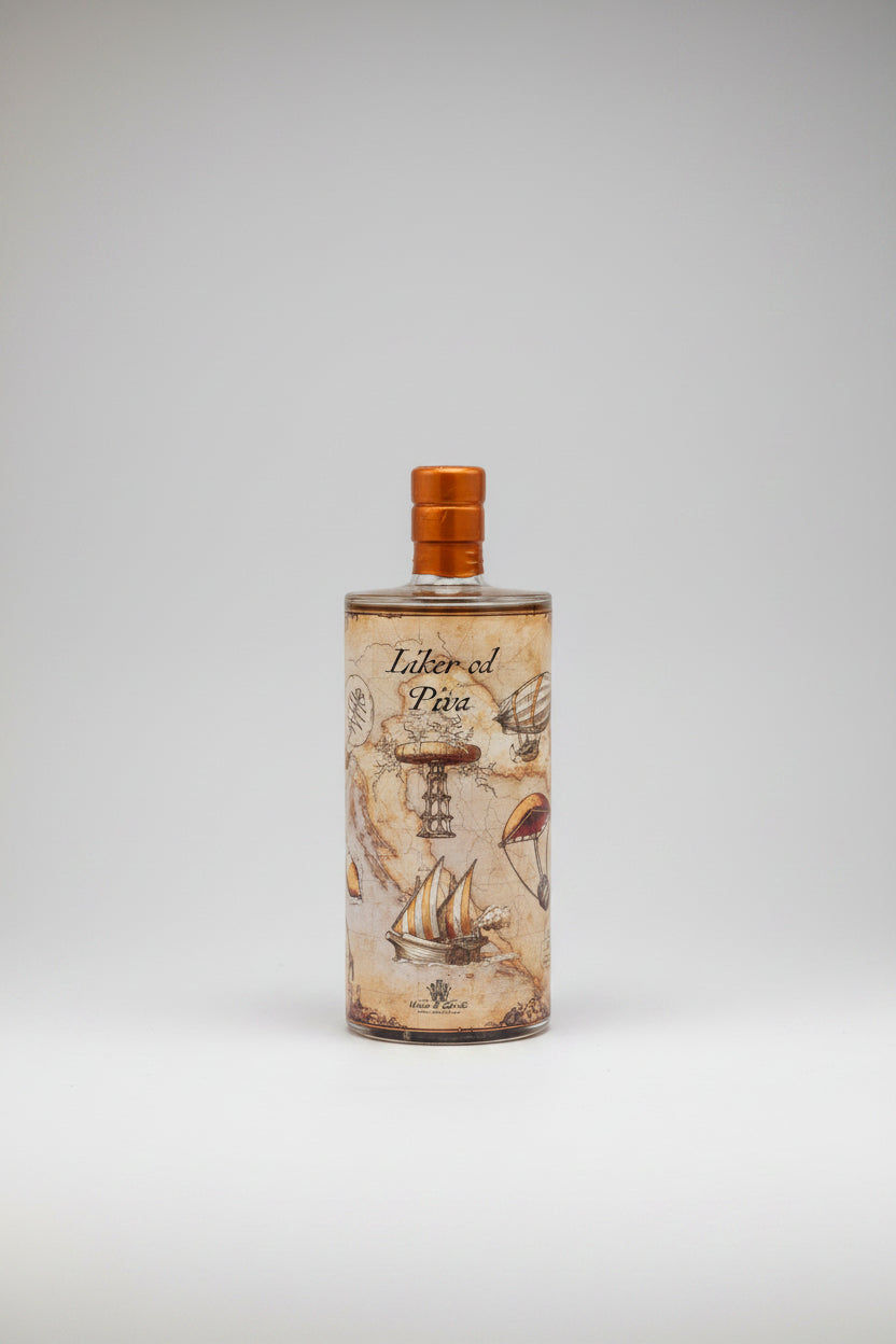 Bottle with decorative label featuring ship illustrations on a white background
