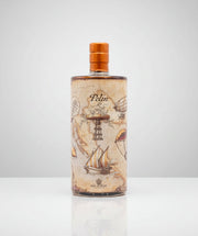 Bottle with decorative label featuring ship illustrations on a white background