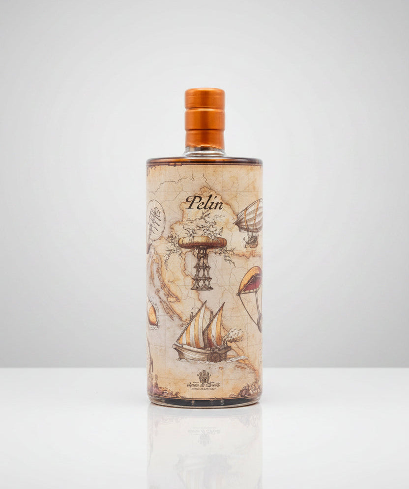 Bottle with decorative label featuring ship illustrations on a white background