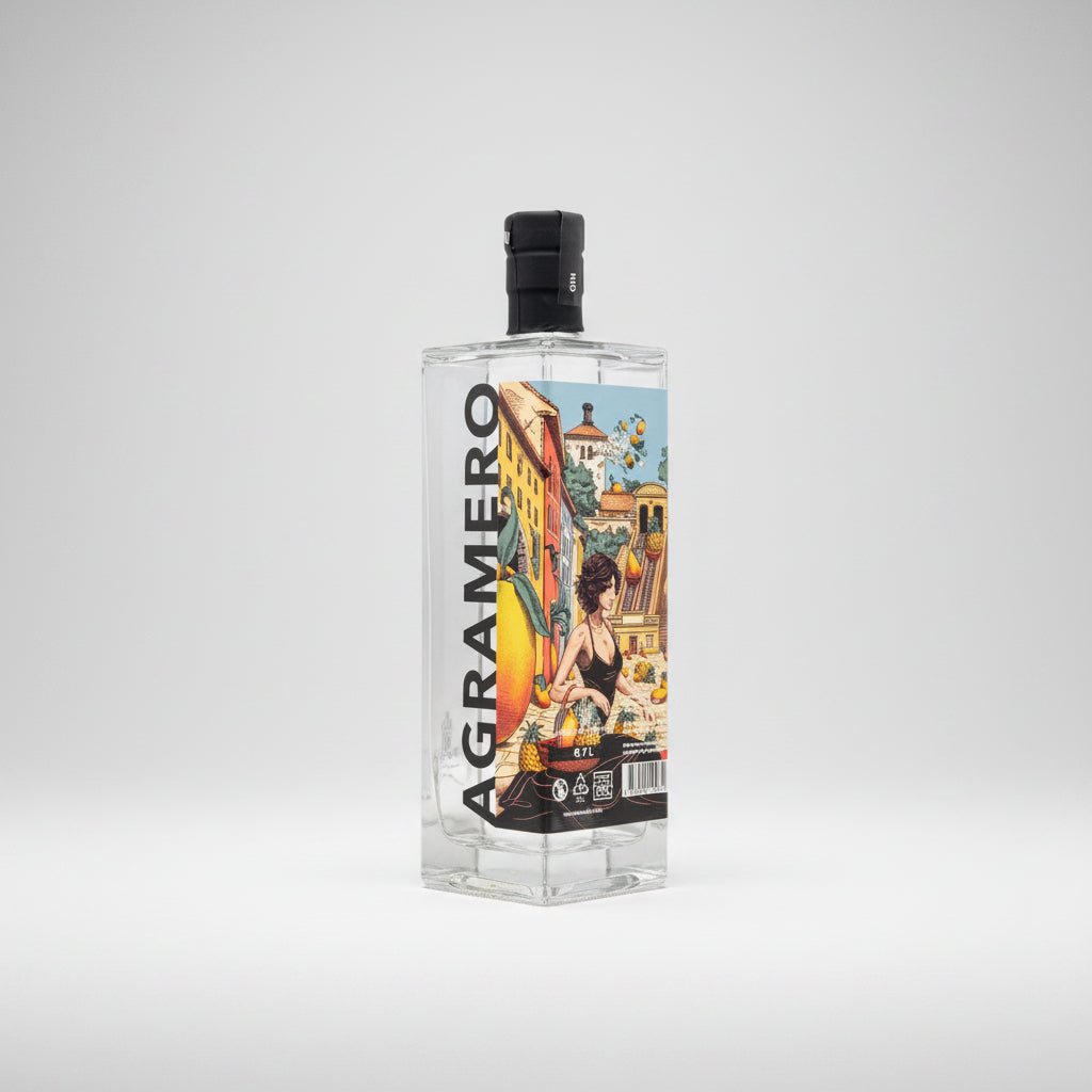 Clear bottle with colorful label featuring a woman and cityscape on a white background