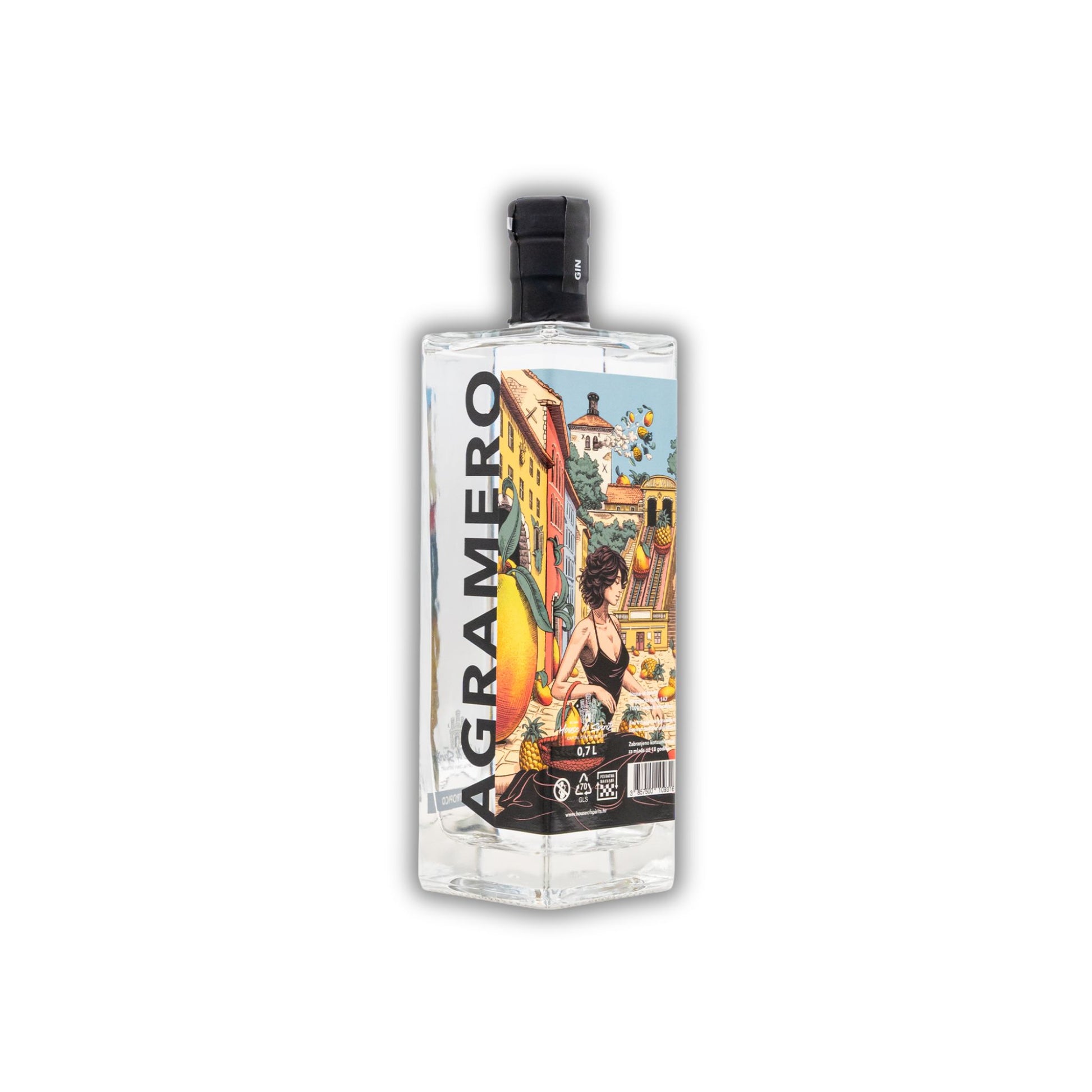 Clear bottle with colorful label featuring a woman and cityscape on a white background