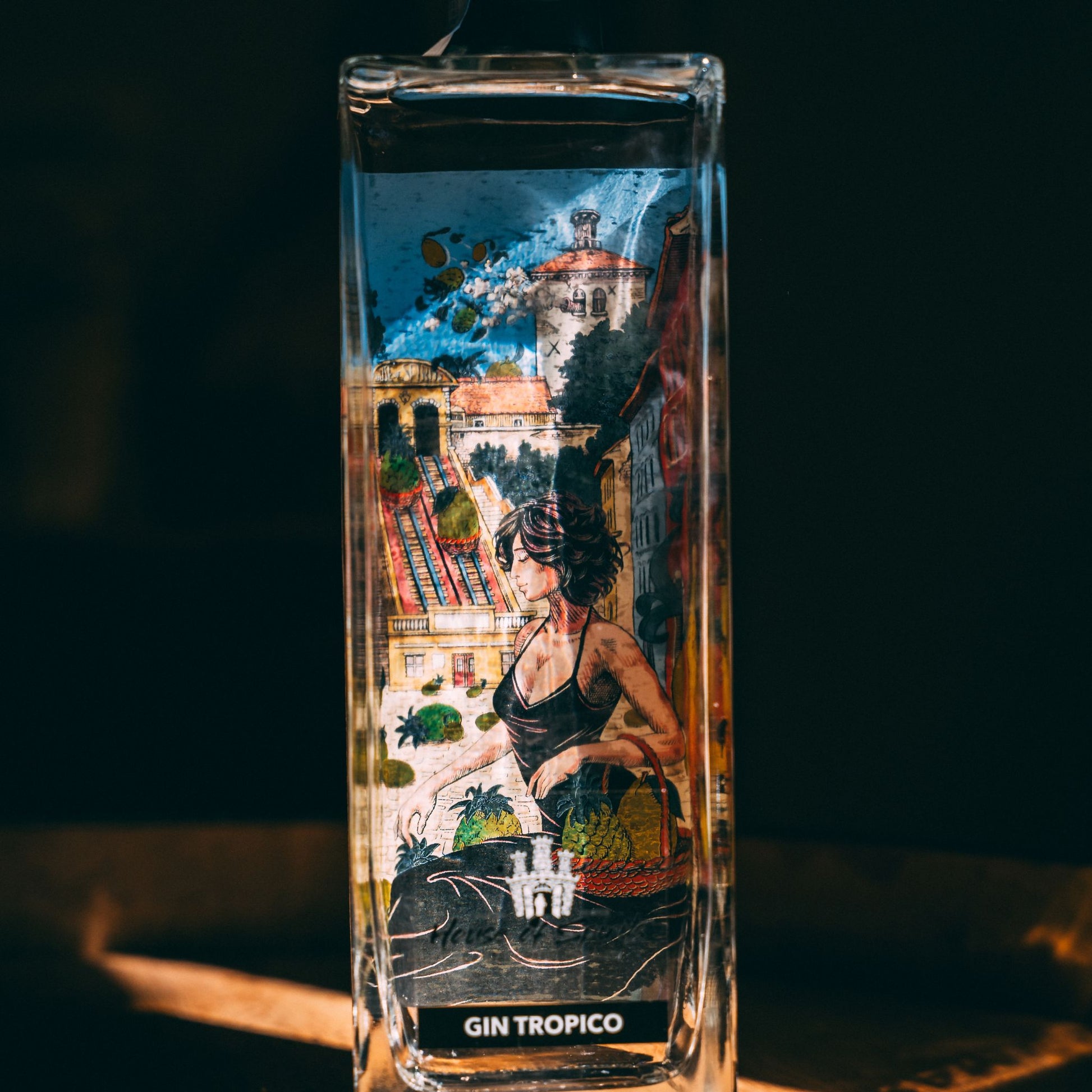 Gin Tropico bottle with artistic design on a dark background