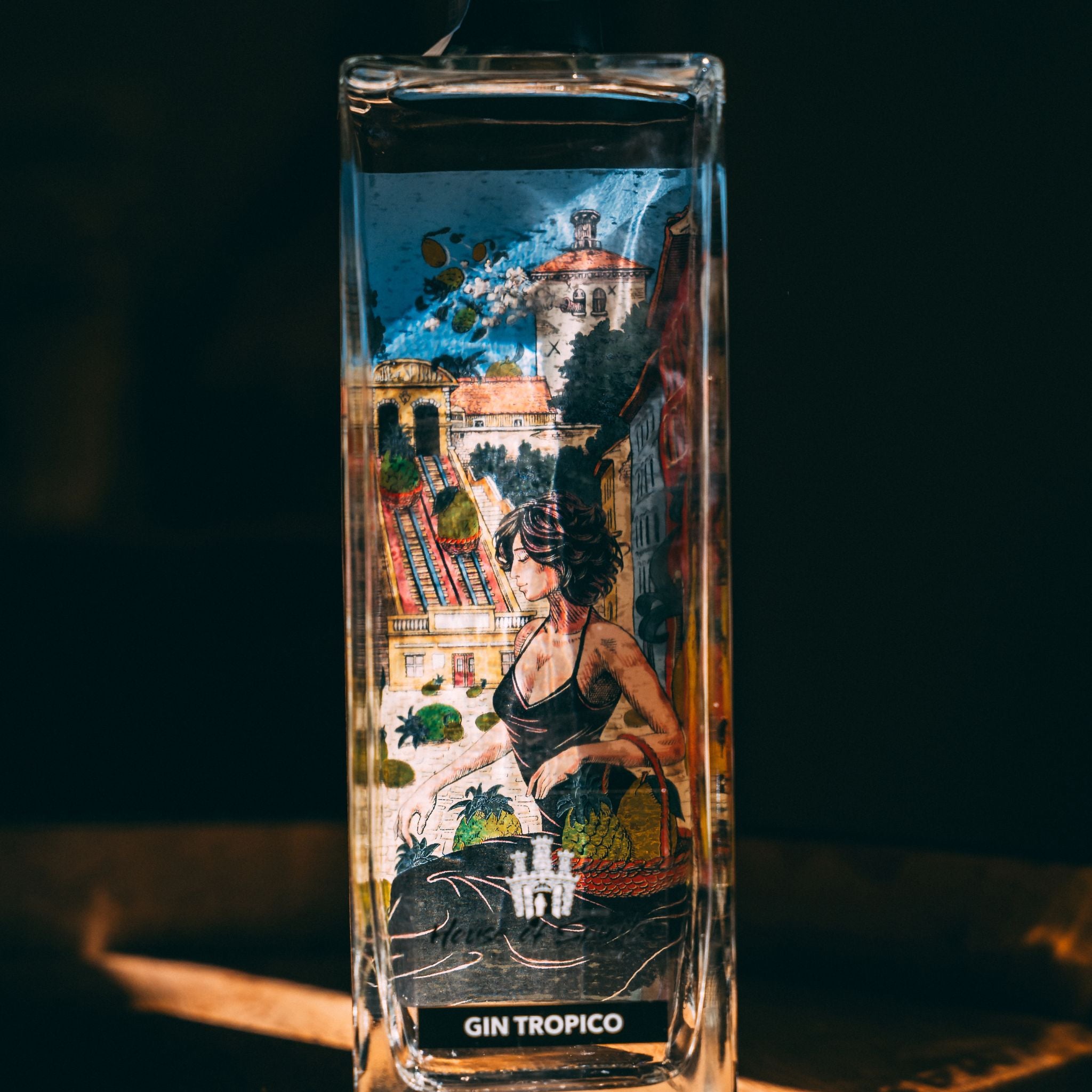Gin Tropico bottle with artistic design on a dark background