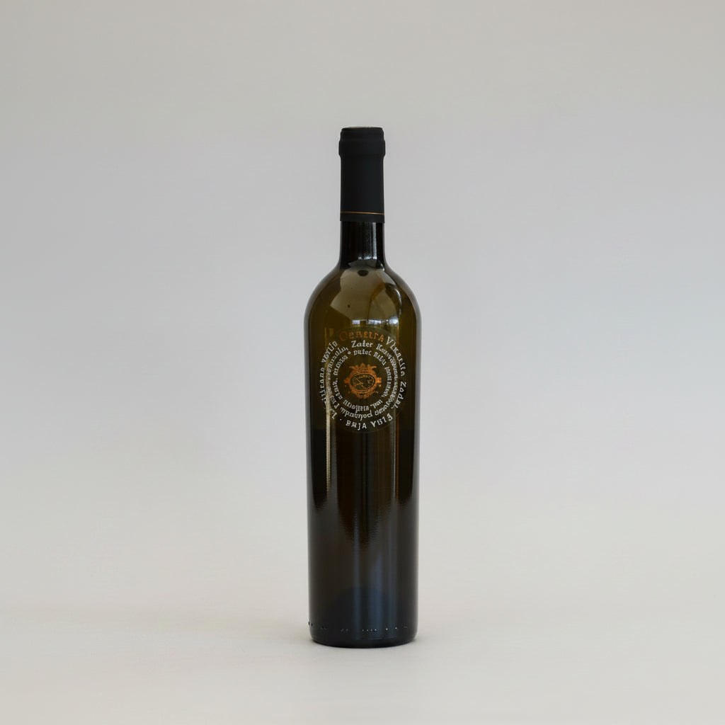 Wine bottle with a label on a white background