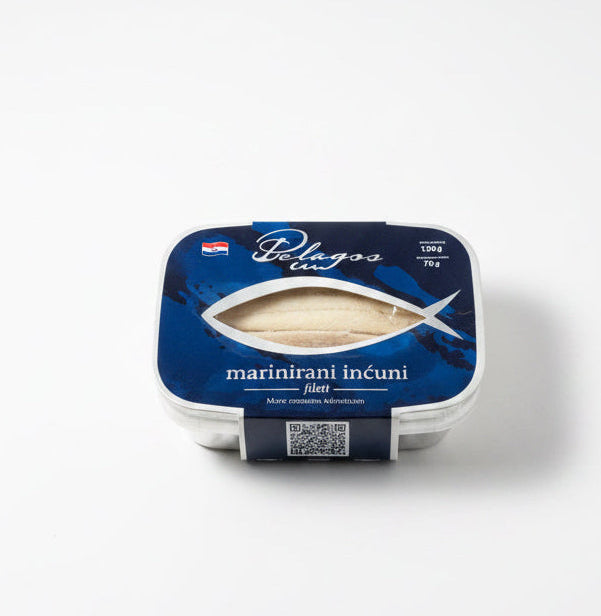 Packaged fish product with a blue label on a white background
